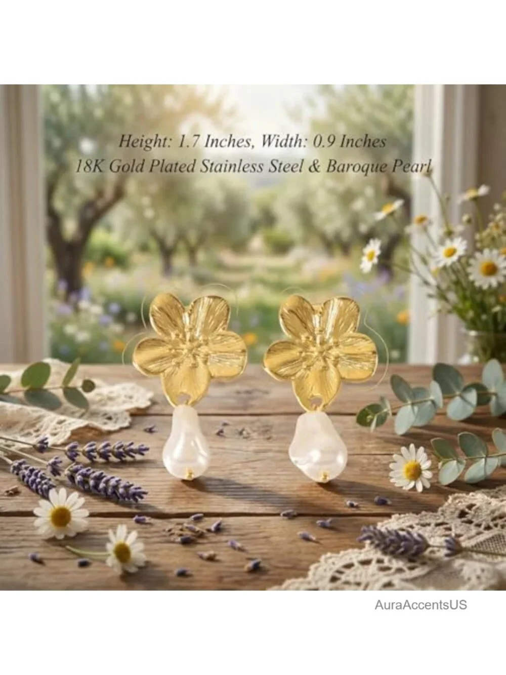 18K Gold Plated Flower Drop Earrings for Women Hypoallergenic Statement Dangle